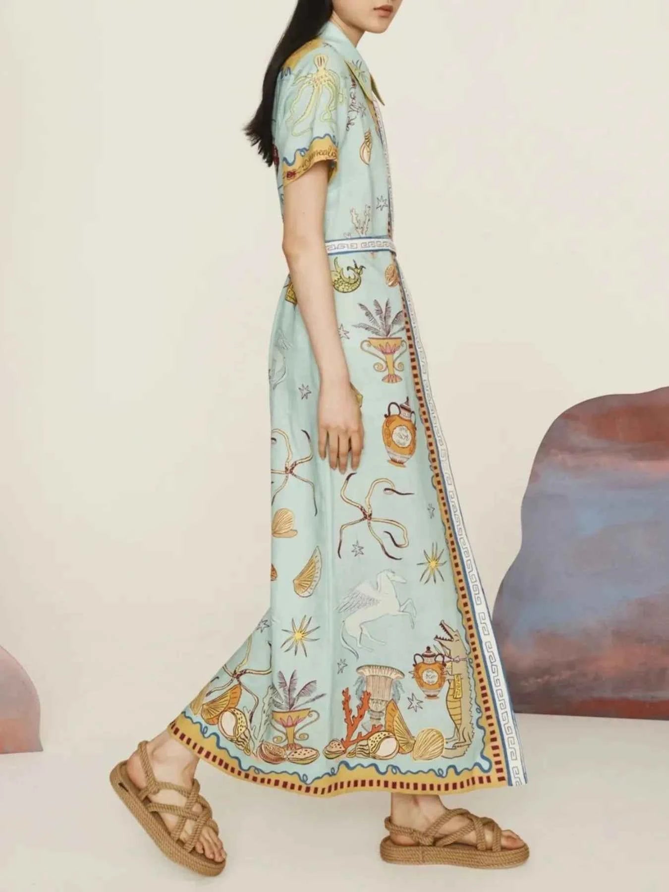 Printed Short Sleeve Maxi Shirt Dress with Belt