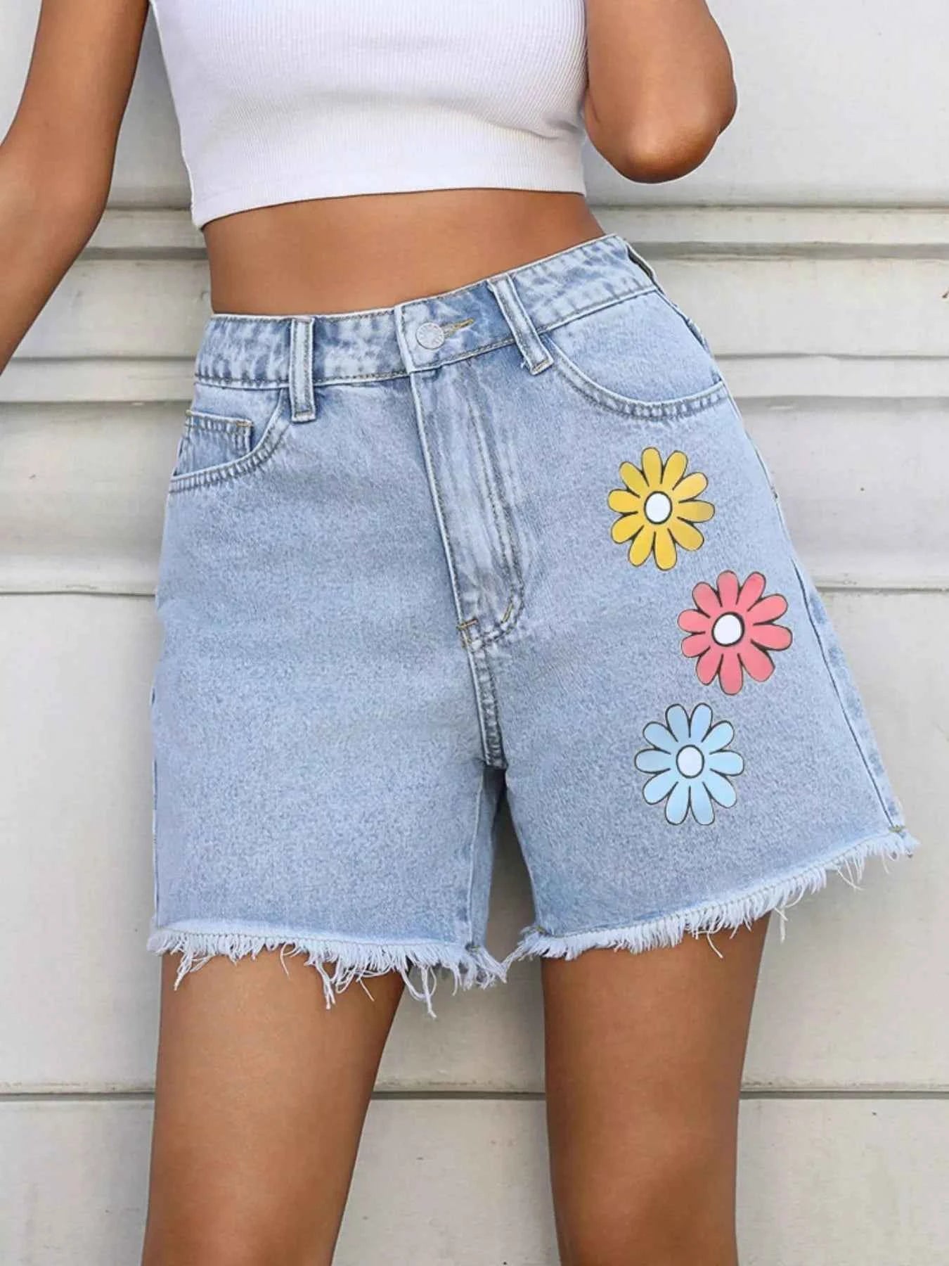 Daisy Frayed Hem Denim Shorts