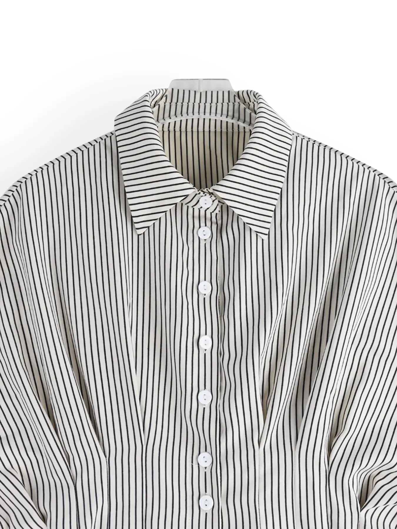 Pinstripe Puff Sleeve Cinched Waist Button Up Shirt