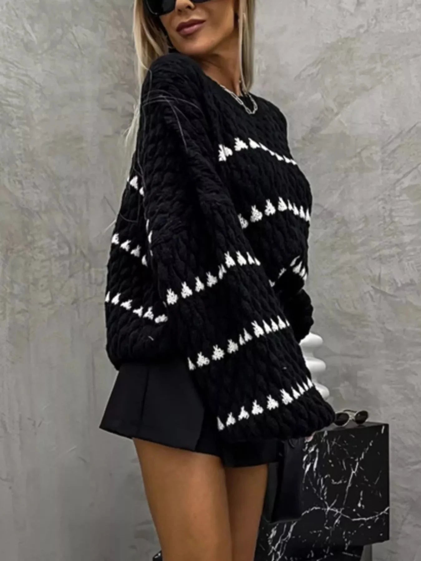 Striped Chunky Knit Sweater with Balloon Sleeves