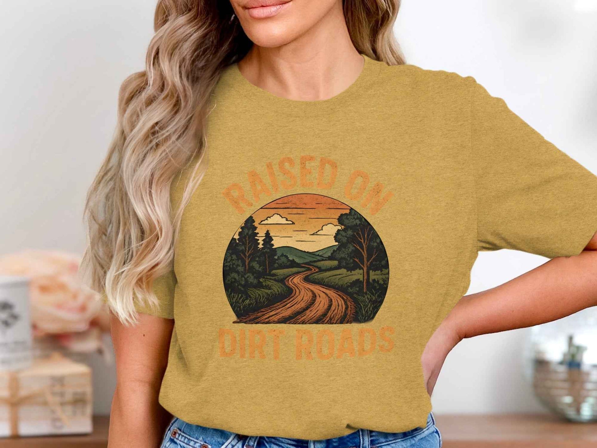 Raised On Dirt Roads Country Graphic Image Design T-Shirt