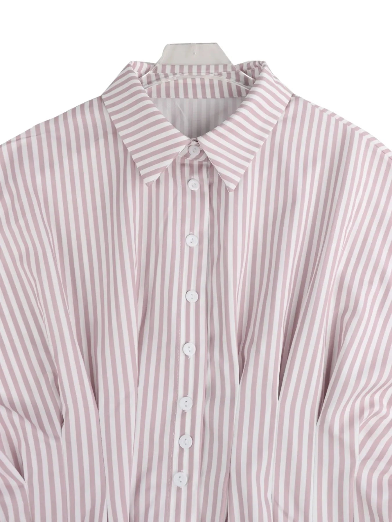 Pinstripe Puff Sleeve Cinched Waist Button Up Shirt