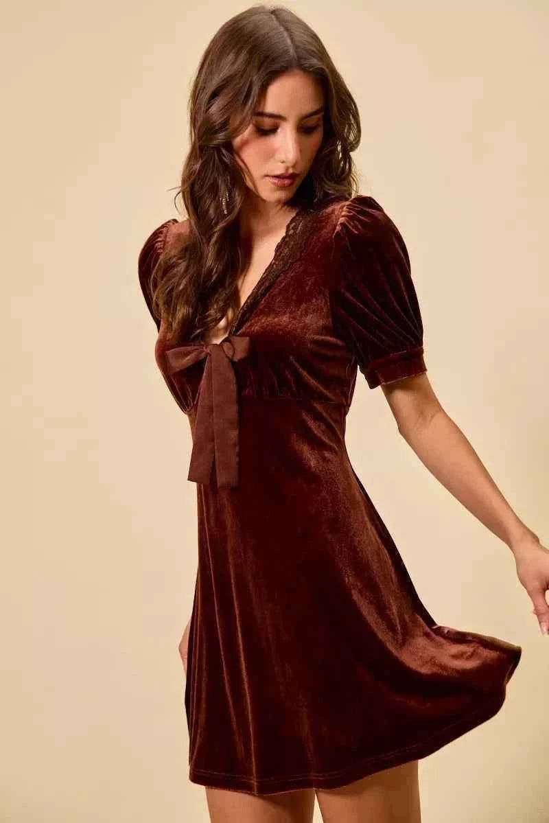 Mauve Velvet Short Sleeves Mini Dress w/ Bow by So Me