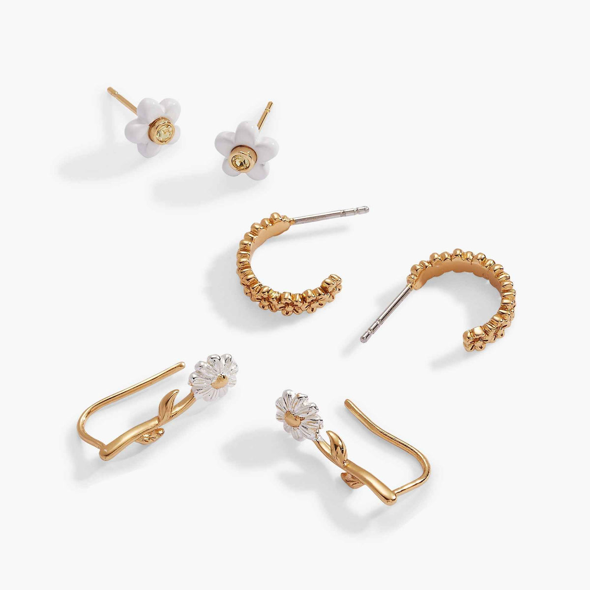 Daisy Flower Stud and Huggie Hoop Earring Set of 3