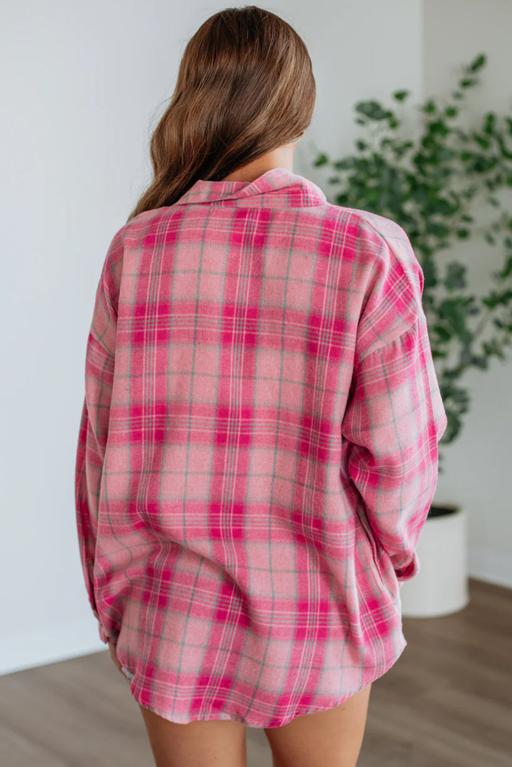 Sachet Pink Plaid Rounded Hem Long Sleeve Shirt Casual