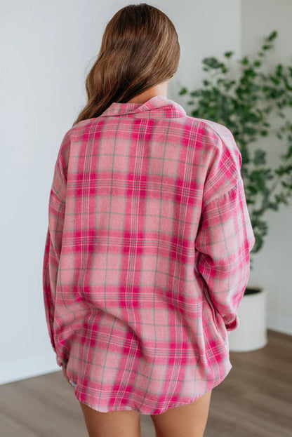 Sachet Pink Plaid Rounded Hem Long Sleeve Shirt Casual
