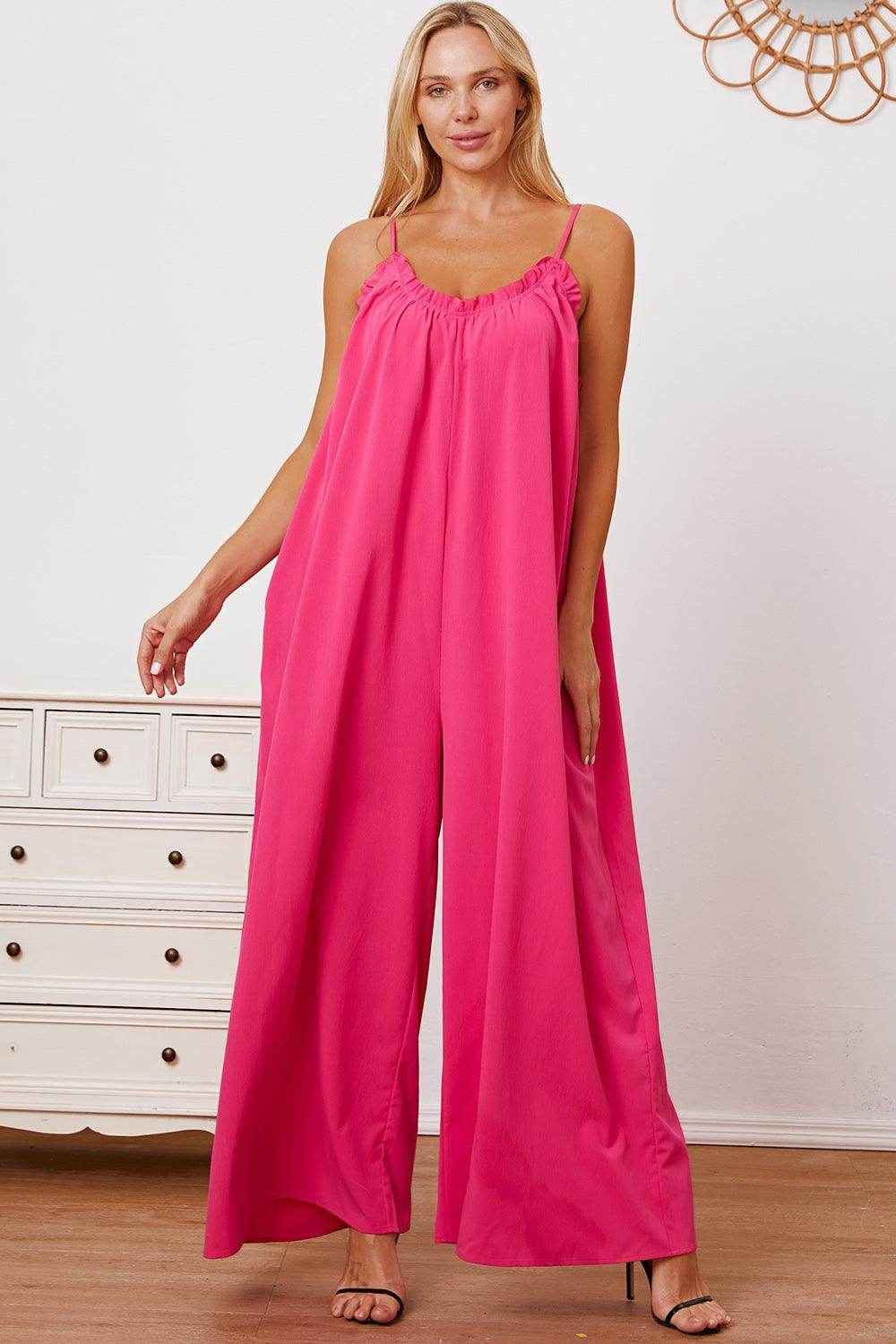 Double Take Full Size Ruffle Trim Tie Back Cami Jumpsuit
