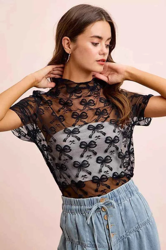 Black High Neckline Short Sleeves Bow Pattern Mesh Top by BiBi