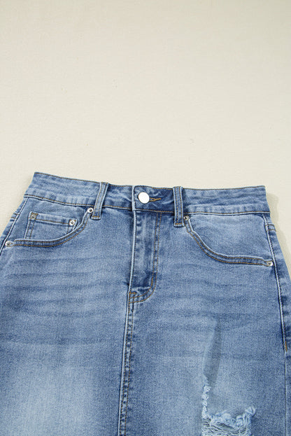 Myosotis Distressed Hem Denim Midi Skirt Irregular Look