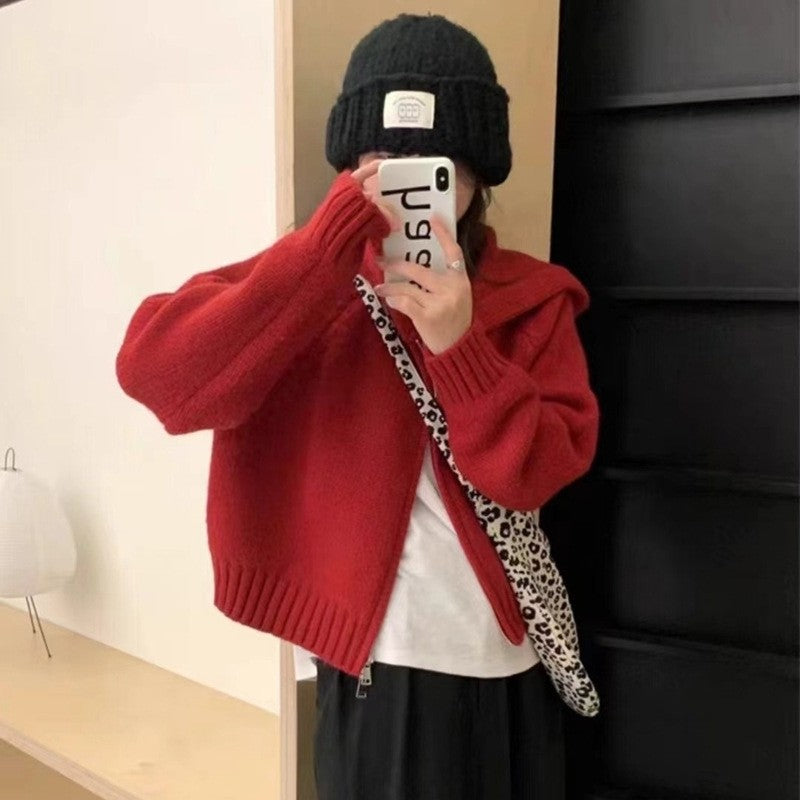 Solid Color Long Sleeve Hooded Zipper Knitted Cardigan Sweater