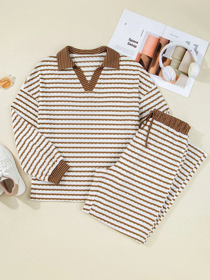 Stripe Collared Top and Drawstring Pant Loungewear Set