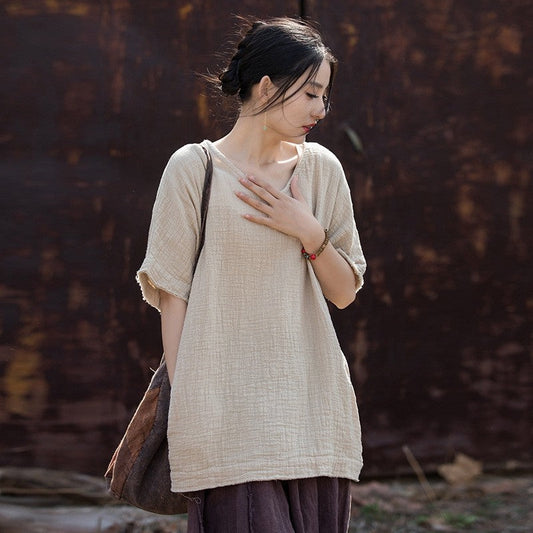 Solid Color Double-Layer Bamboo Joint Literary All-Match T-Shirt