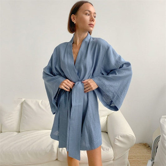 Women's Lightweight Cotton Linen Long Sleeve Cardigan Robe