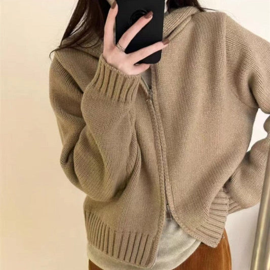 Solid Color Long Sleeve Hooded Zipper Knitted Cardigan Sweater