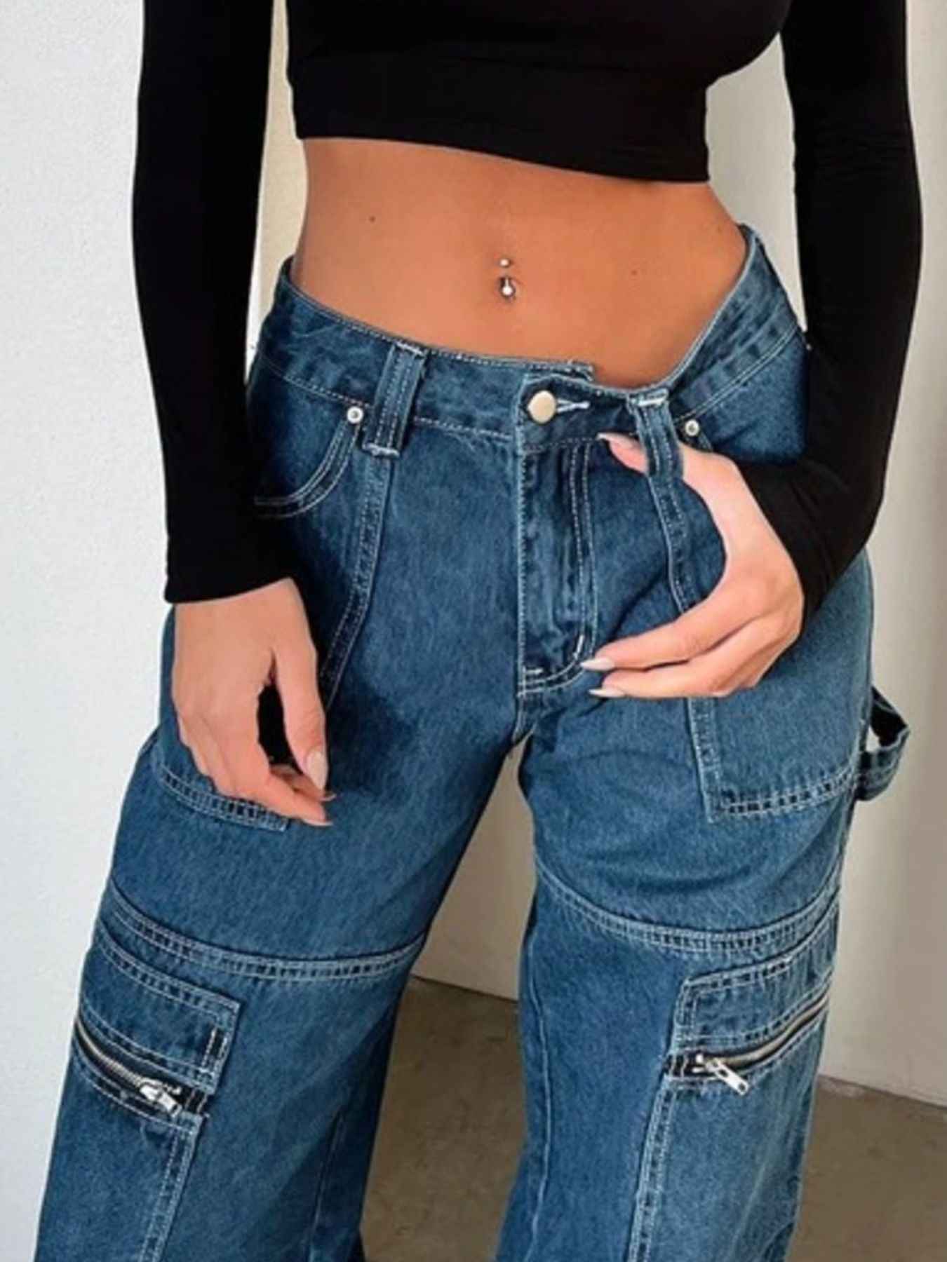 Zipper Pocket Wide Leg Cargo Jeans
