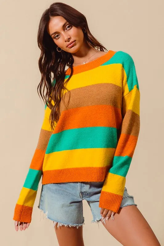 So Me Multi Color Stripe Sweater With Ribbed Detail