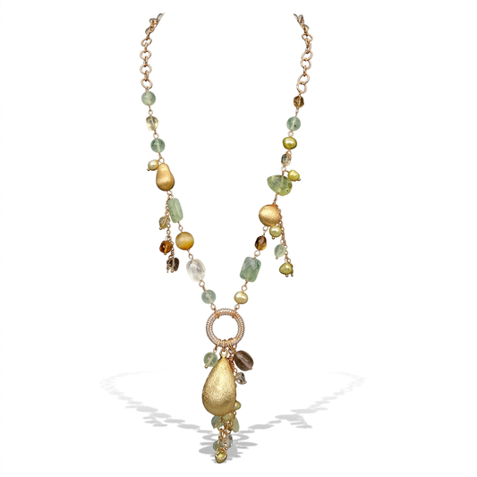 Grounded Gemstone Pearl Lariat Necklace