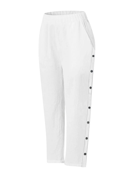 Full Size Side Decor Button Casual Wide Leg Pants Plus Size