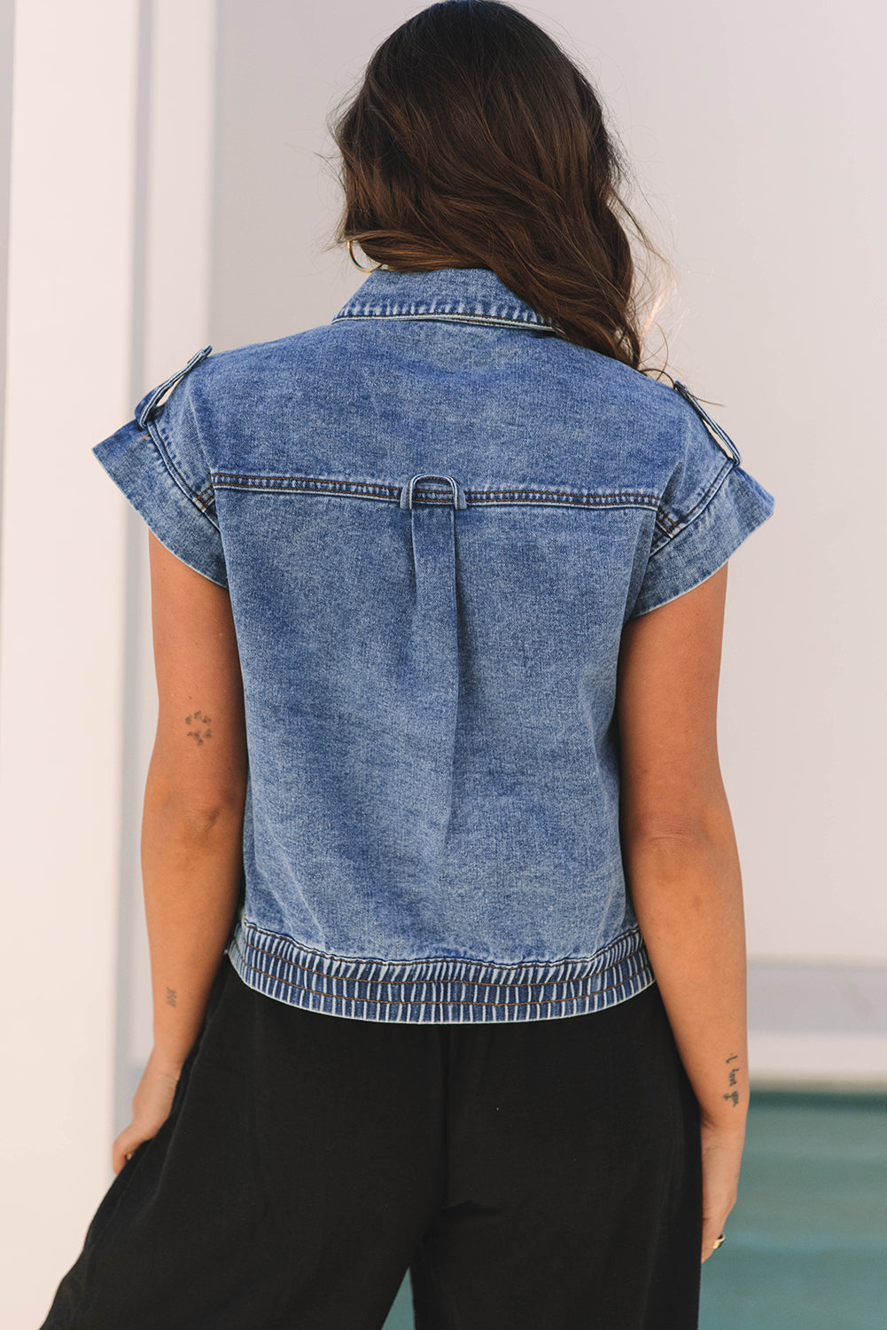 Blue Acid Wash Elastic Hem Button Up Denim Vest