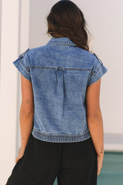 Blue Acid Wash Elastic Hem Button Up Denim Vest