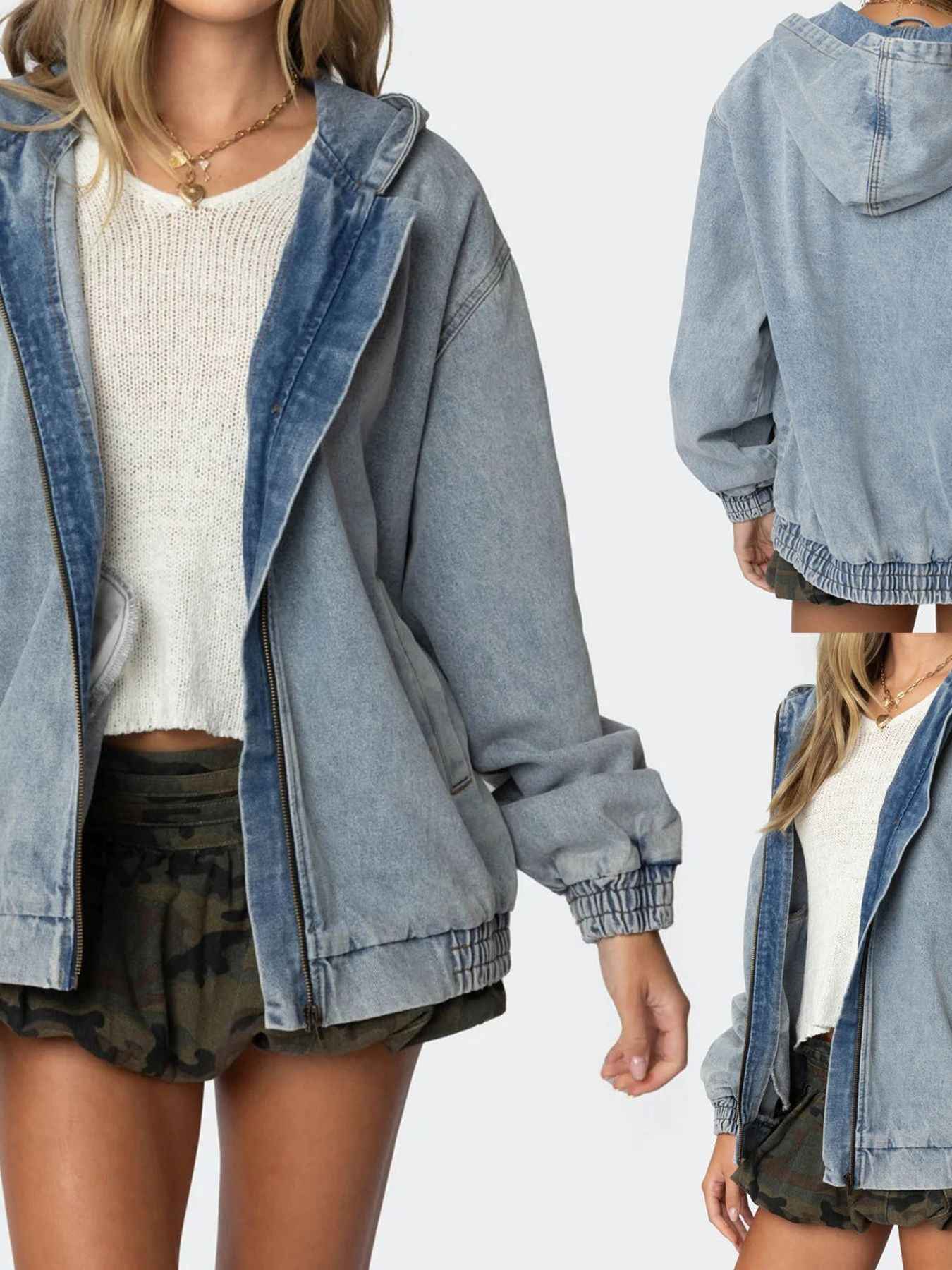 Hooded Oversized Zip Up Denim Jacket