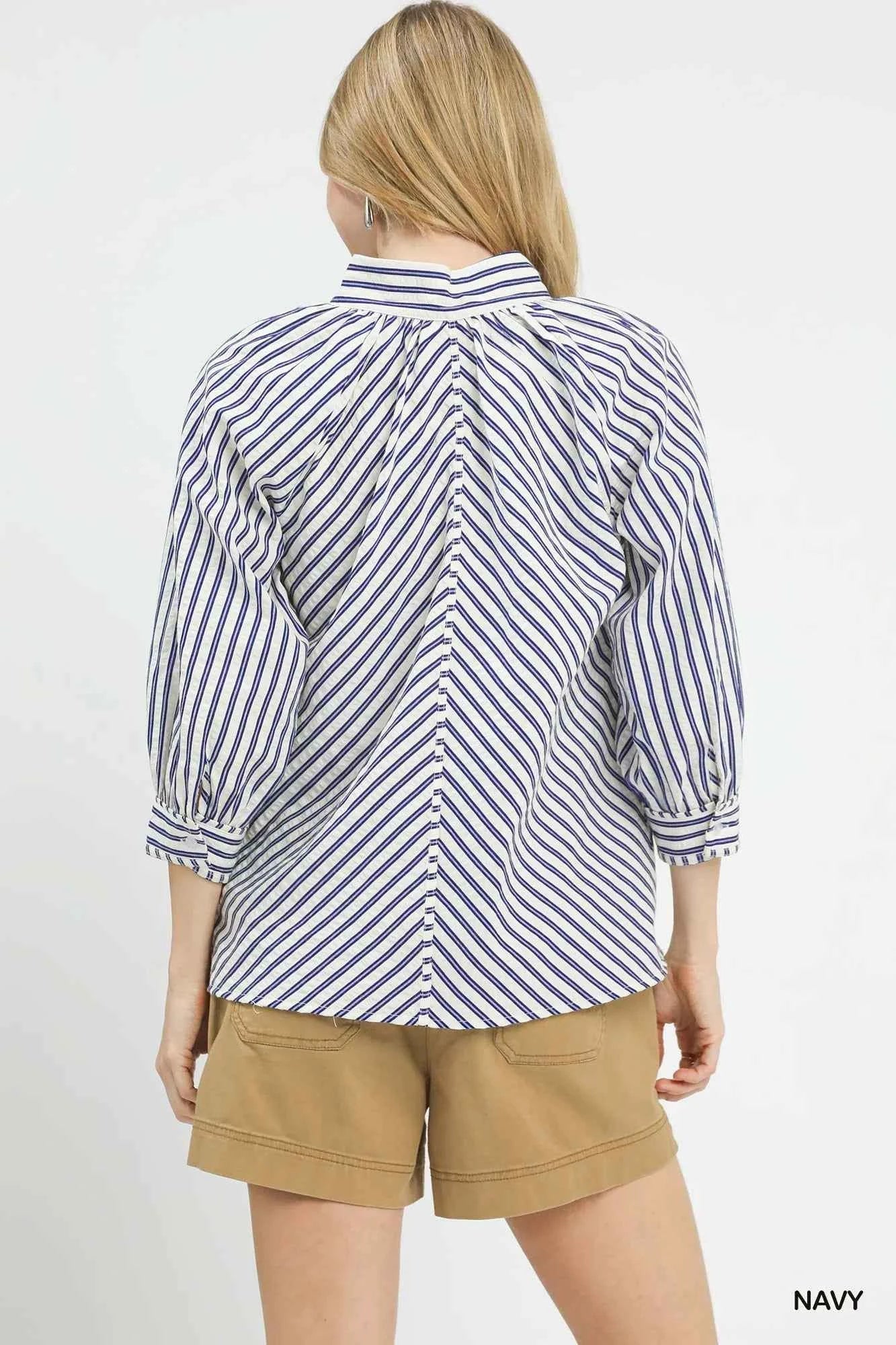 Umgee Striped V-Neck Button Down Top
