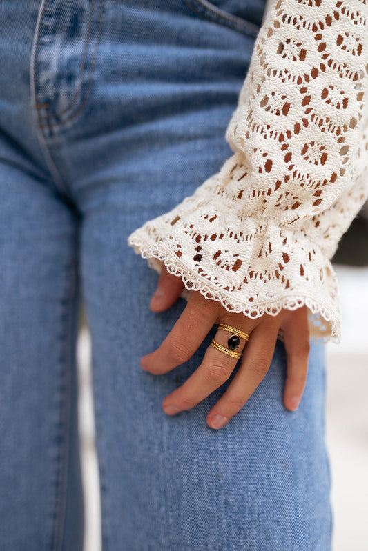 Beige Flower Lace V Neck Puff Sleeve Blouse For Women