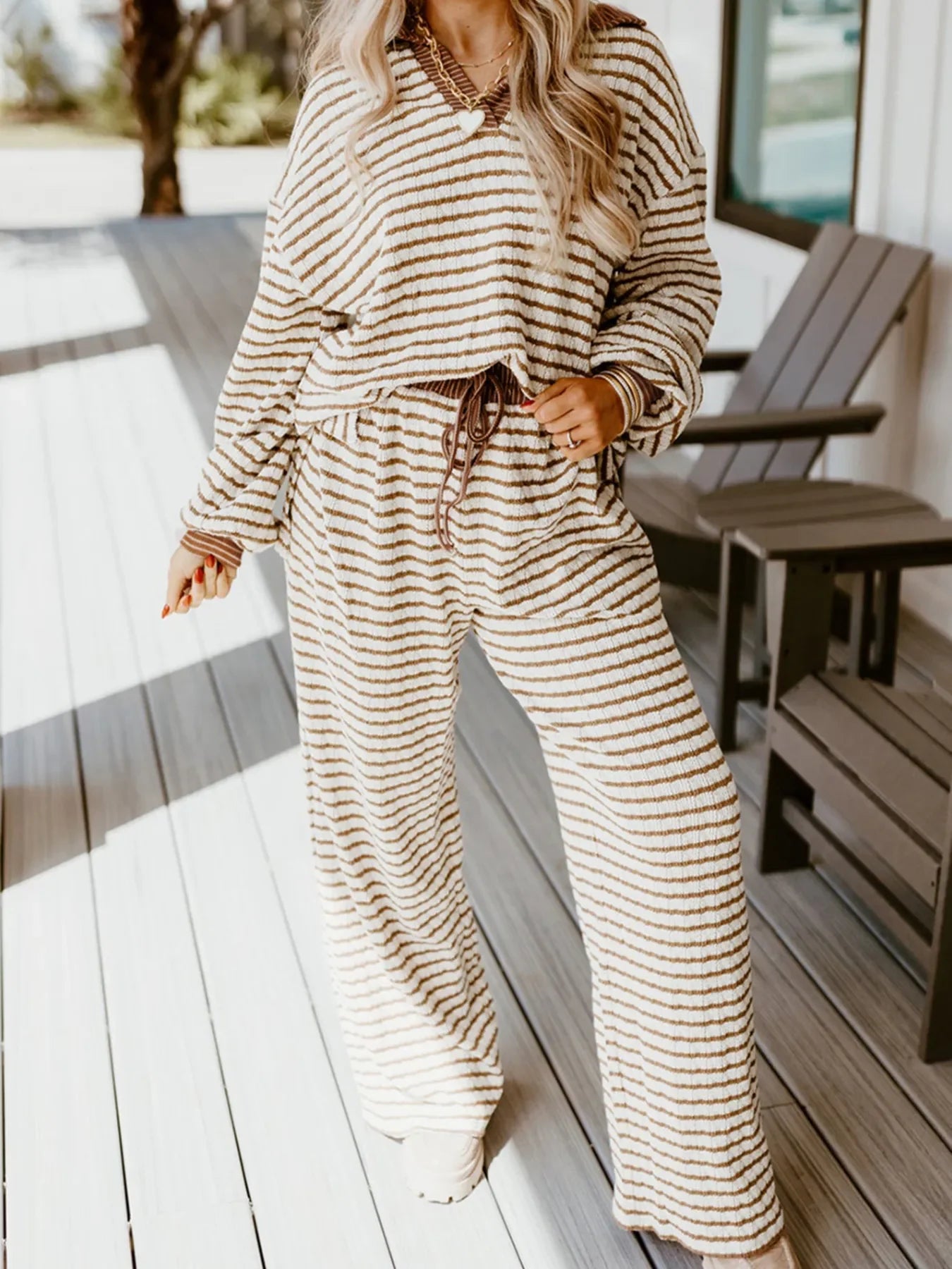 Stripe Collared Top and Drawstring Pant Loungewear Set