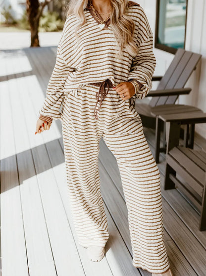 Stripe Collared Top and Drawstring Pant Loungewear Set