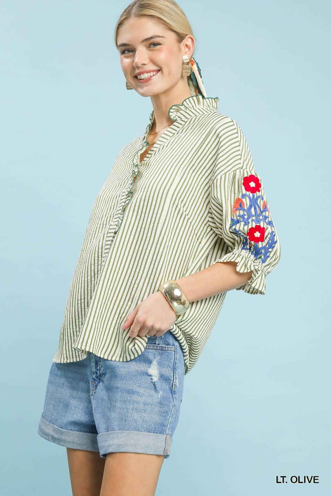 Umgee Embroidered Ruffle Trim Stripe Blouse