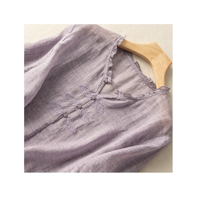 Relaxed Fit Linen Cotton Artistic Embroidered T-Shirt