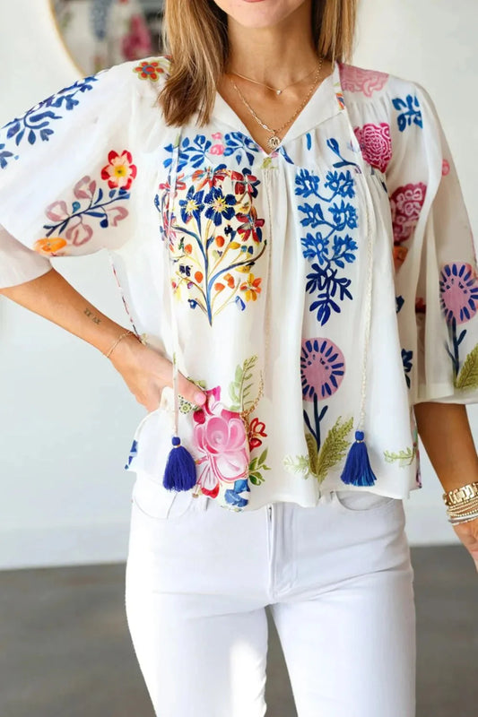 Bloom Printed 3/4 Sleeve Tie Neck Tassel Boho Blouse