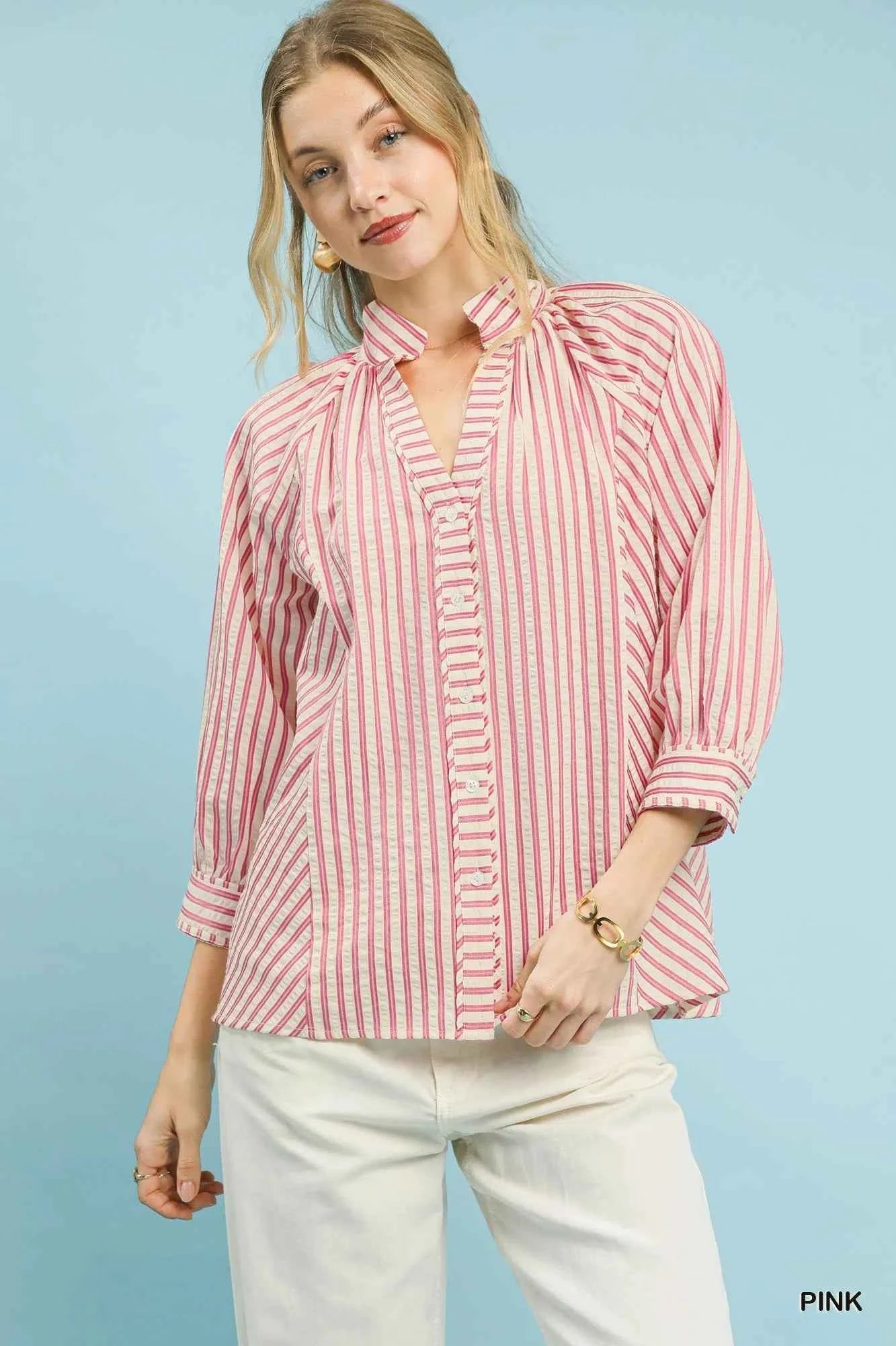 Umgee Striped V-Neck Button Down Top