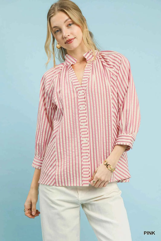 Umgee Striped V-Neck Button Down Top