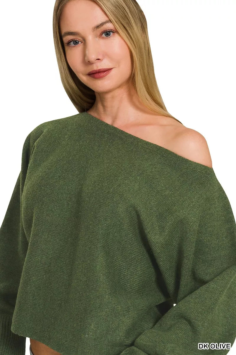 Dark Olive Boat Neck Balloon Sleeve Sweater by Zenana