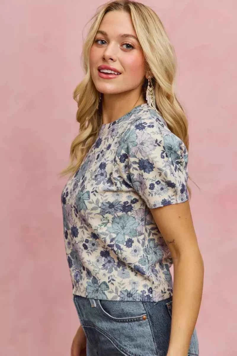 Blue Floral Print Short Sleeves Sweater Knit Top by SO ME
