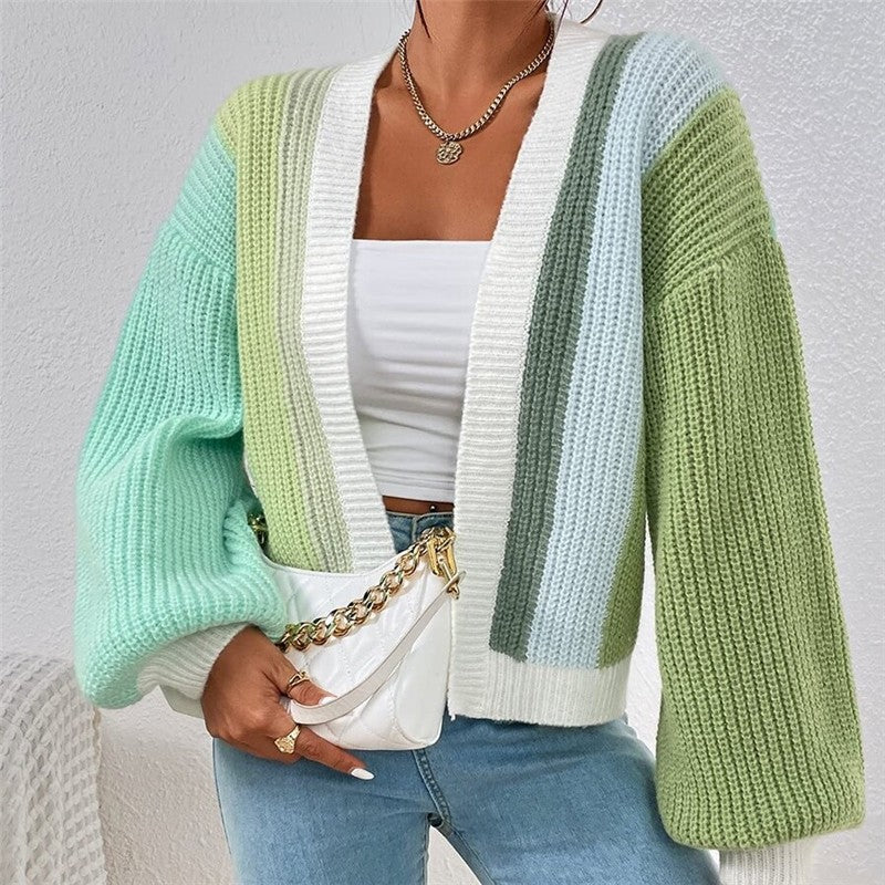 Casual Color Block Short Cardigan Without Buttons