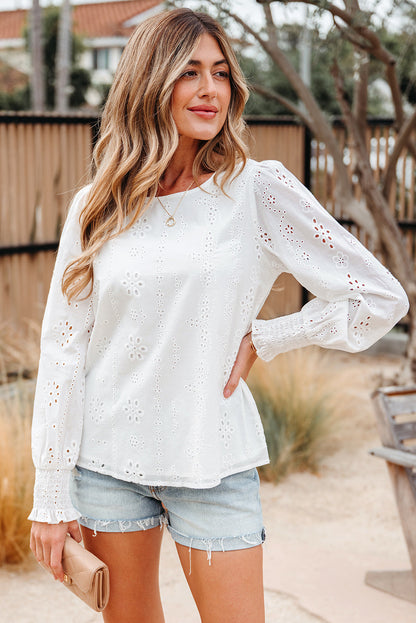 Allison Eyelet Embroidered Smocked Cuff Sheer Blouse