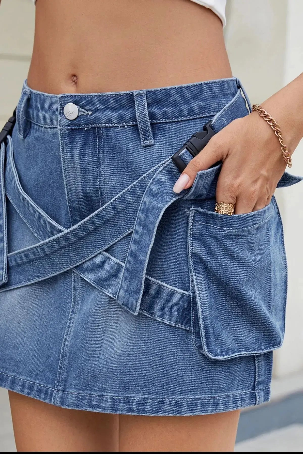 Criss-Cross Waist Pocketed Denim Mini Skirt