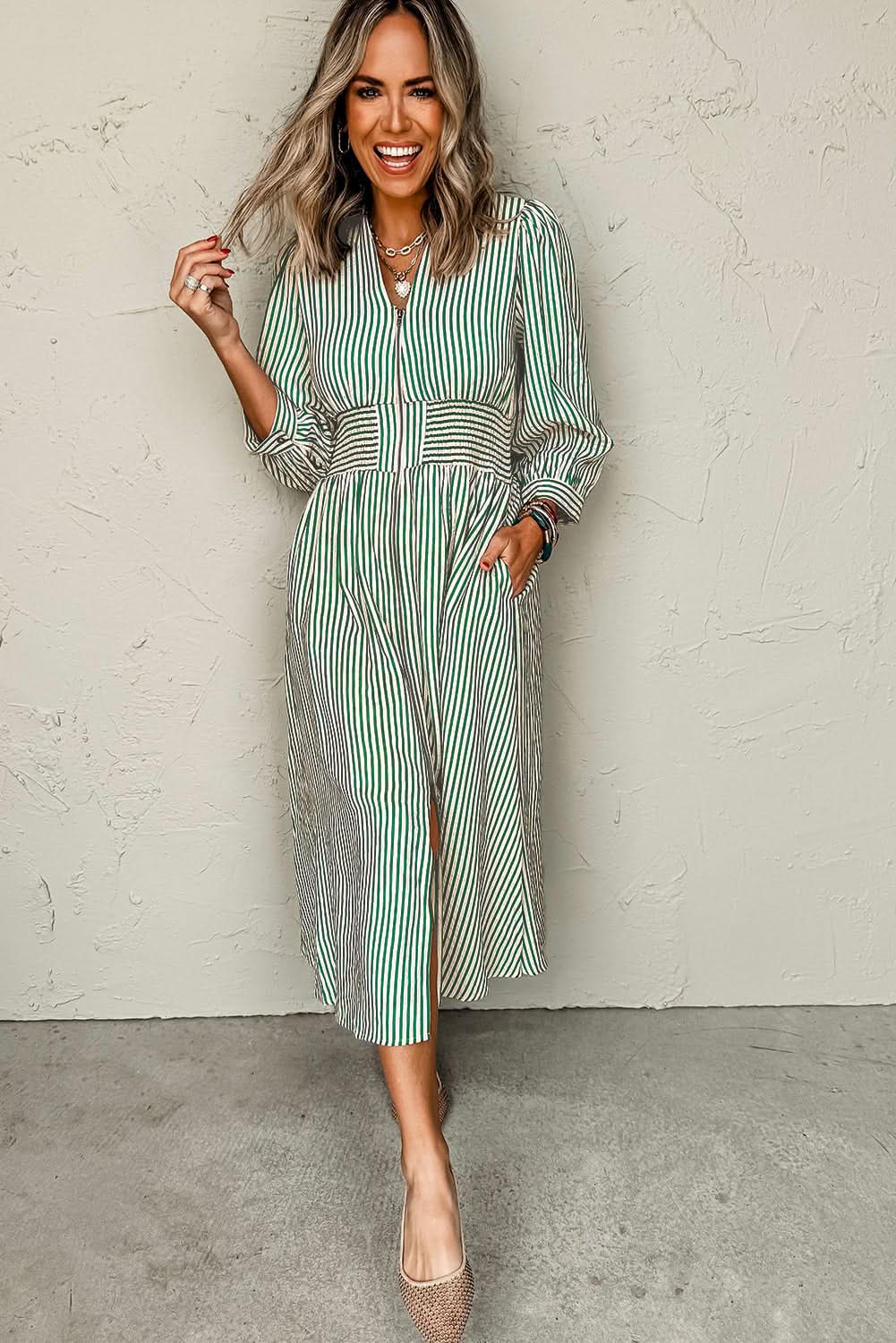 Green Striped V Neck Zip Front Midi Dress Cinched Waist
