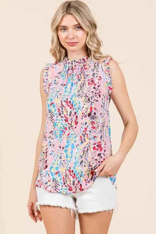 Lime 'N' Chili Full Size Graphic Print Ruffle Trim Mock Neck Sleeveless Top Plus Size