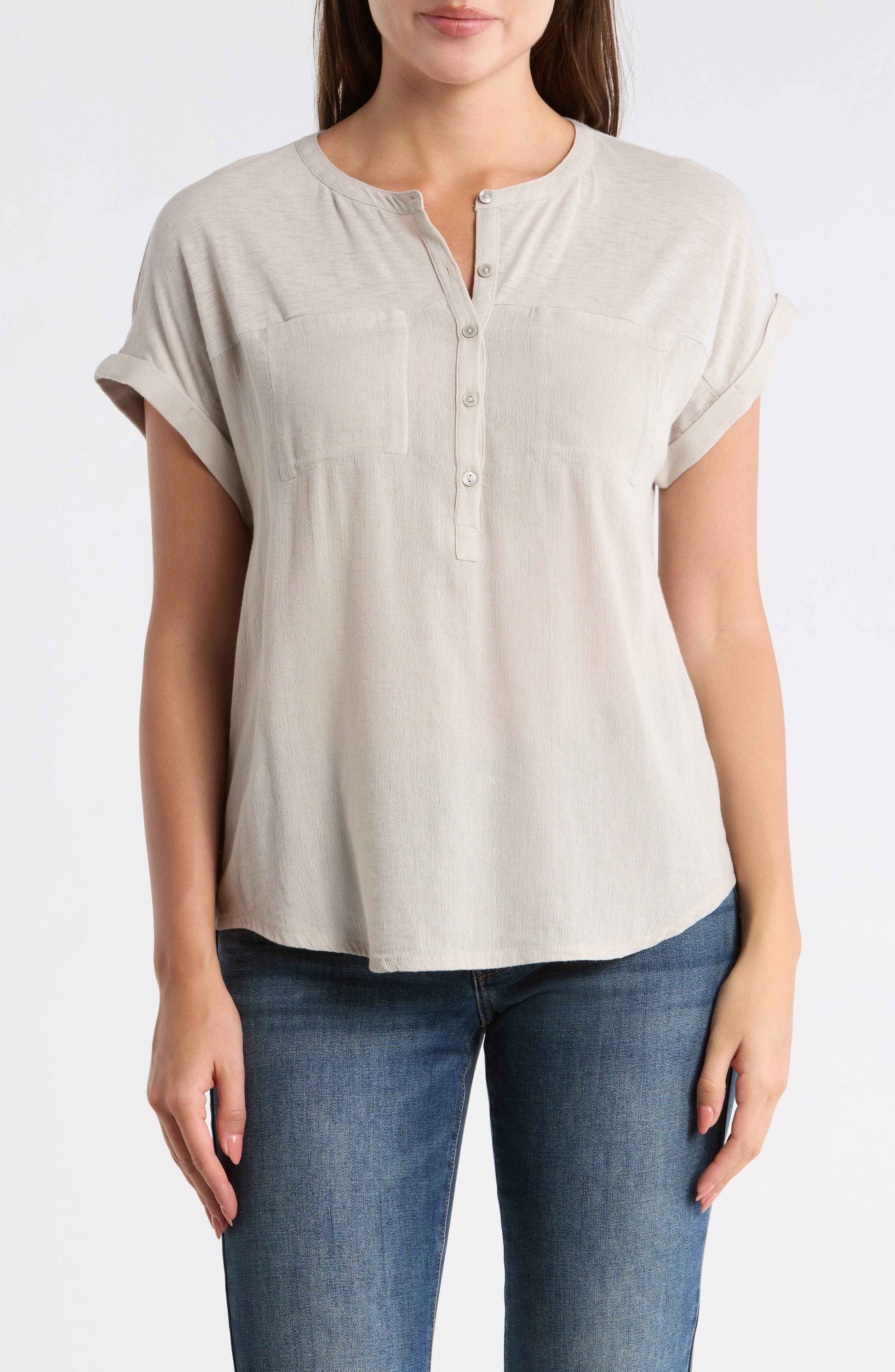 [7WD61511-290] WOMENS LUCKY BRAND MIXED MEDIA HENLEY - DOVE
