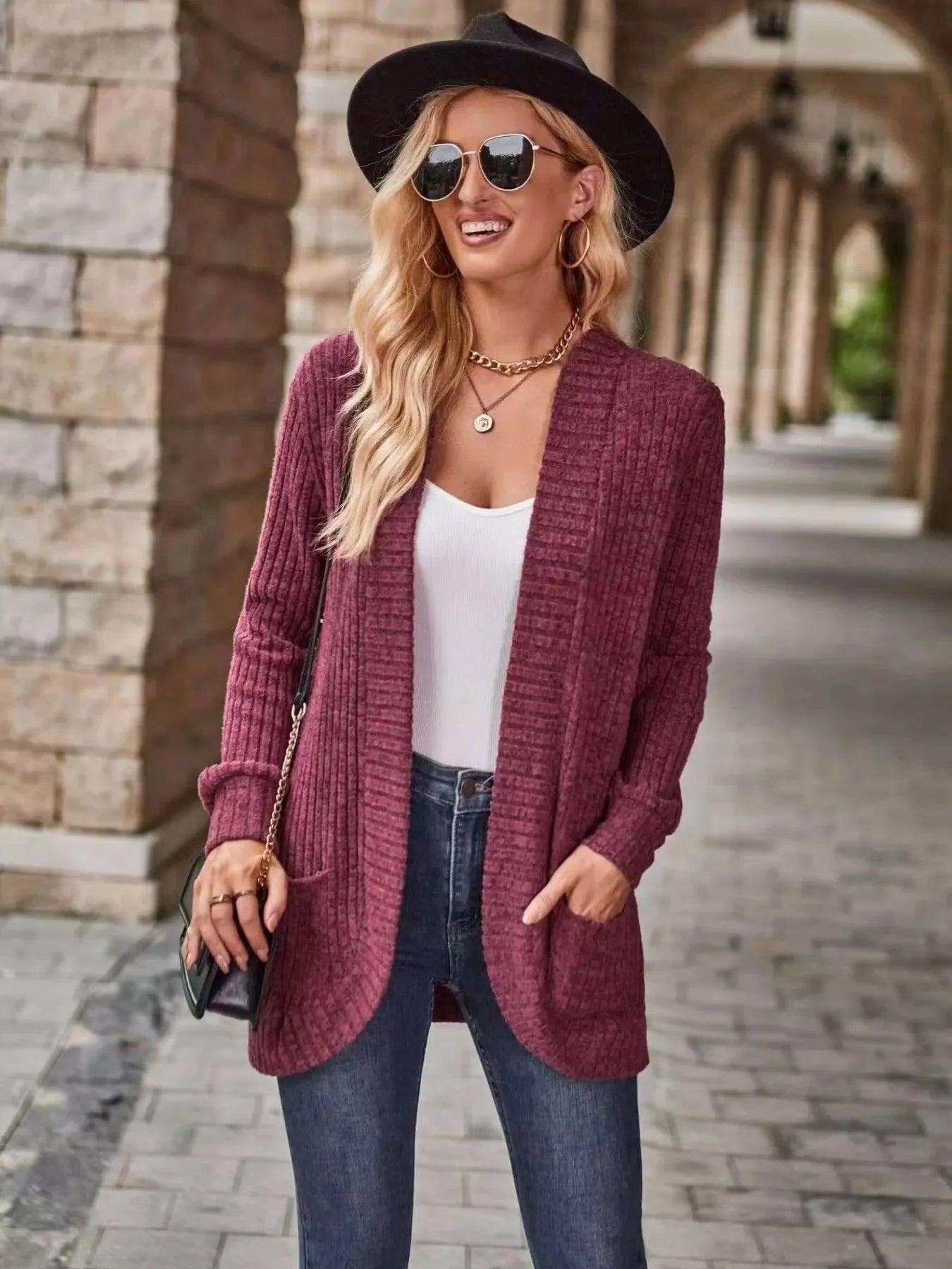 Ribbed Knit Open Front Cardigan
