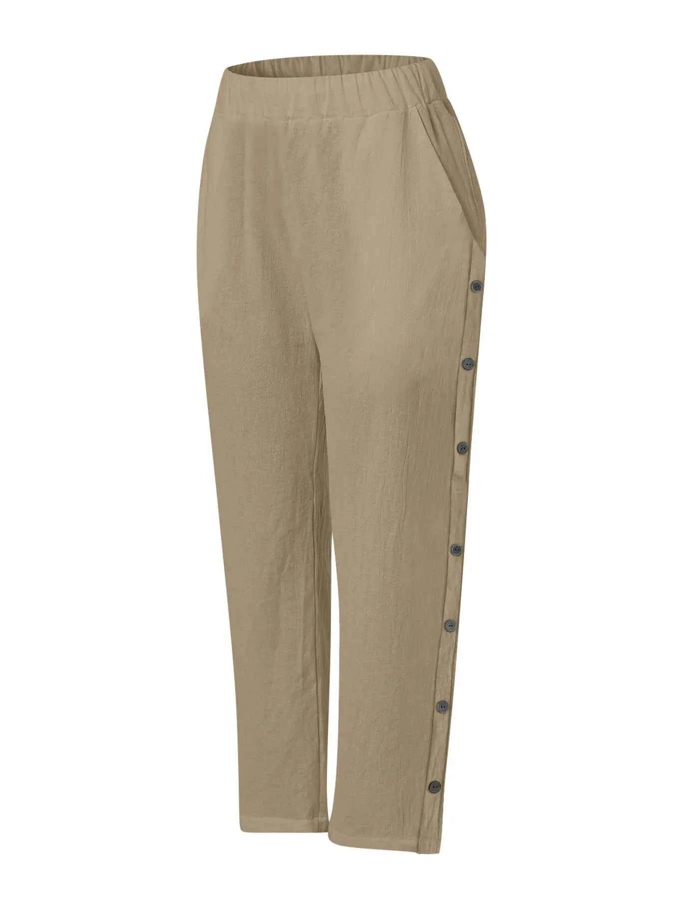 Full Size Side Decor Button Casual Wide Leg Pants Plus Size