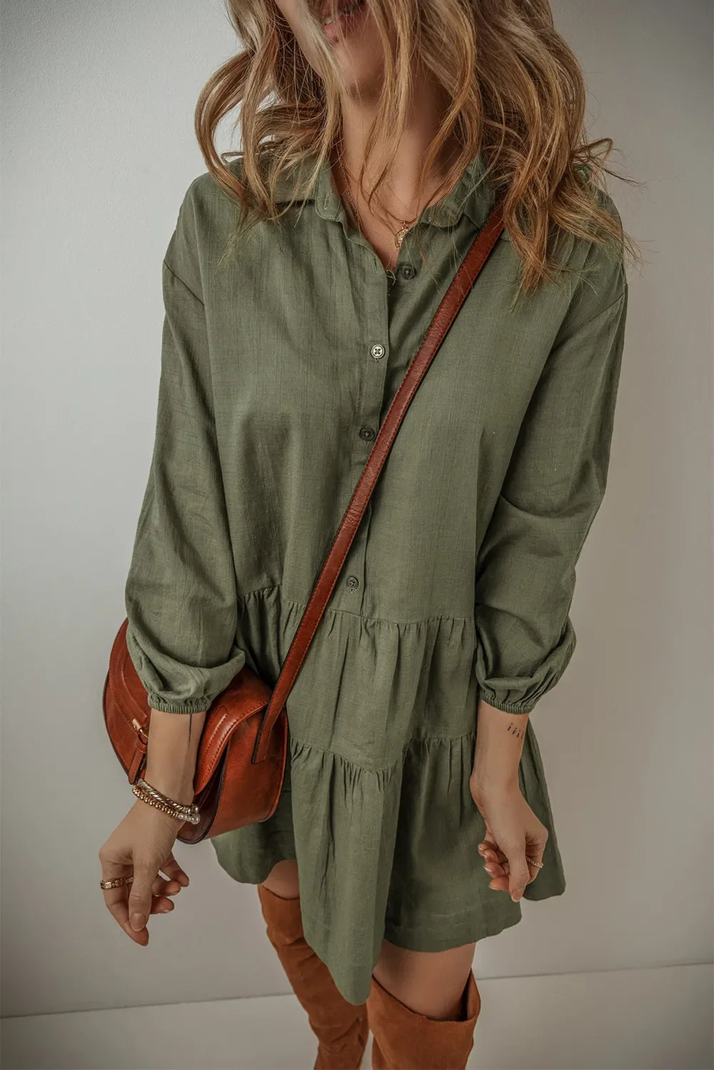 Tiered Collared Neck Balloon Sleeve Dress