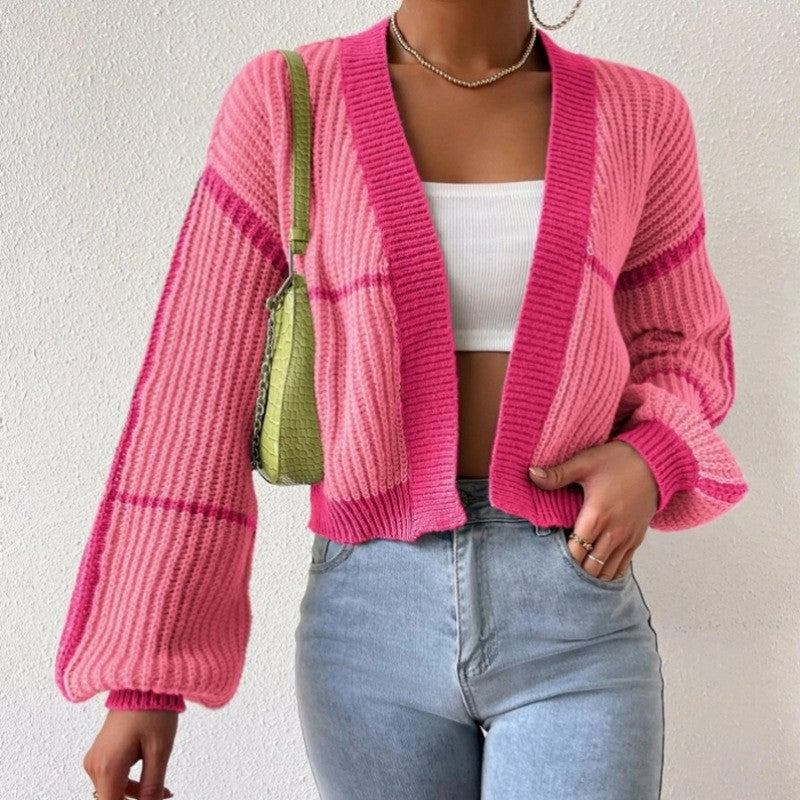 Knitted Short Cardigan With Exposed Navel And Color Collision