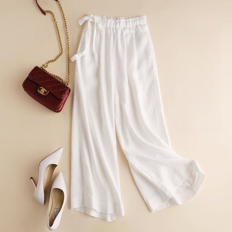 High-Waisted Wide-Leg Cropped Trousers in Cotton-Linen Blend