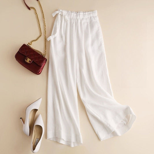 High-Waisted Wide-Leg Cropped Trousers in Cotton-Linen Blend