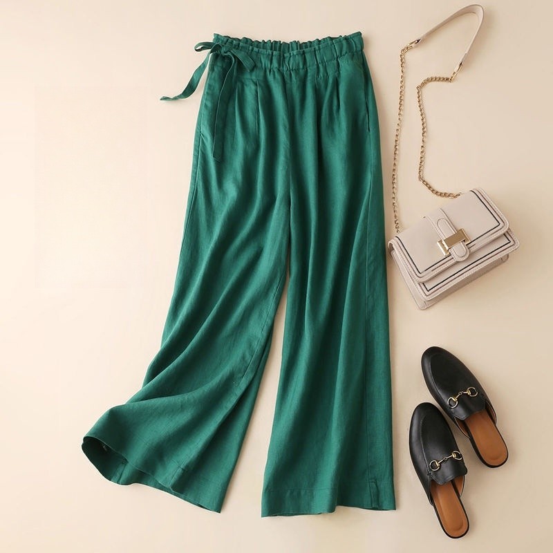 High-Waisted Wide-Leg Cropped Trousers in Cotton-Linen Blend