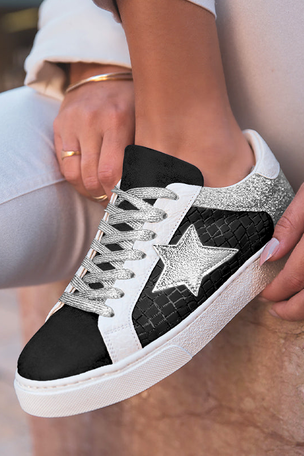 Gold Glitter Star Patchwork PU Leather Lace Up Sneakers